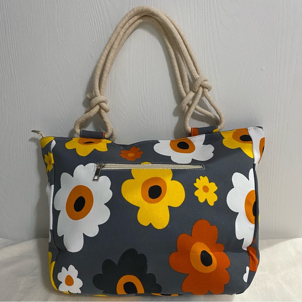 Chic Floral Tote Bag - Gray, Yellow, Orange with zipper and multiple pockets